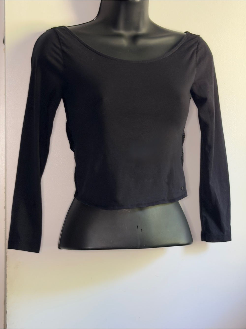 5/$25 American Eagle Black Long Sleeve Crop Top with Criss-Cross Lace Back